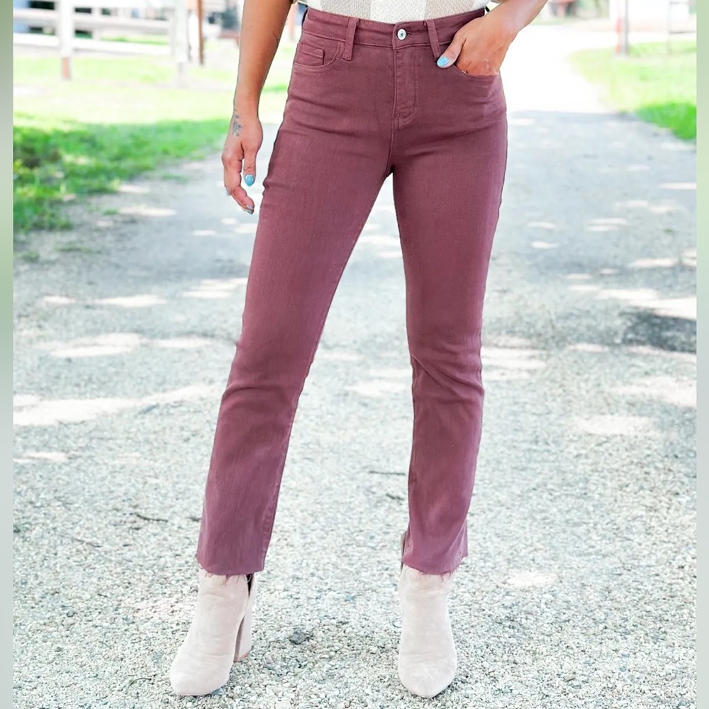 Vervet Your New Bestie High Rise Red Raw Hem Slim Fit Straight Leg Jeans
